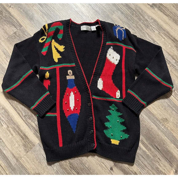 Vtg Colter Bay Christmas Sweater Button Holiday 1990's Mom Grandma Tree Stocking - Picture 1 of 9